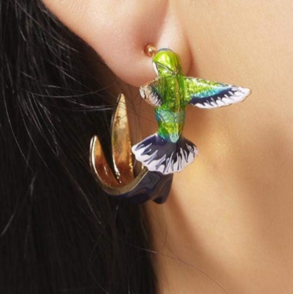 Blue Green Gold Flying Hummingbird Hoops Bird Hoop Earrings Enamel Hummingbirds - Picture 8 of 8